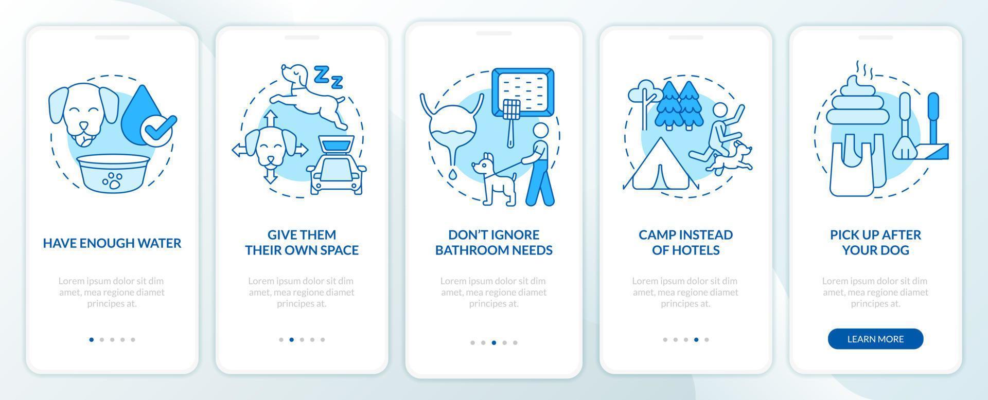 voyage sur la route avec conseils pour animaux de compagnie écran d'application mobile d'intégration bleu. procédure pas à pas en 5 étapes instructions graphiques modifiables avec des concepts linéaires. ui, ux, modèle d'interface graphique. vecteur