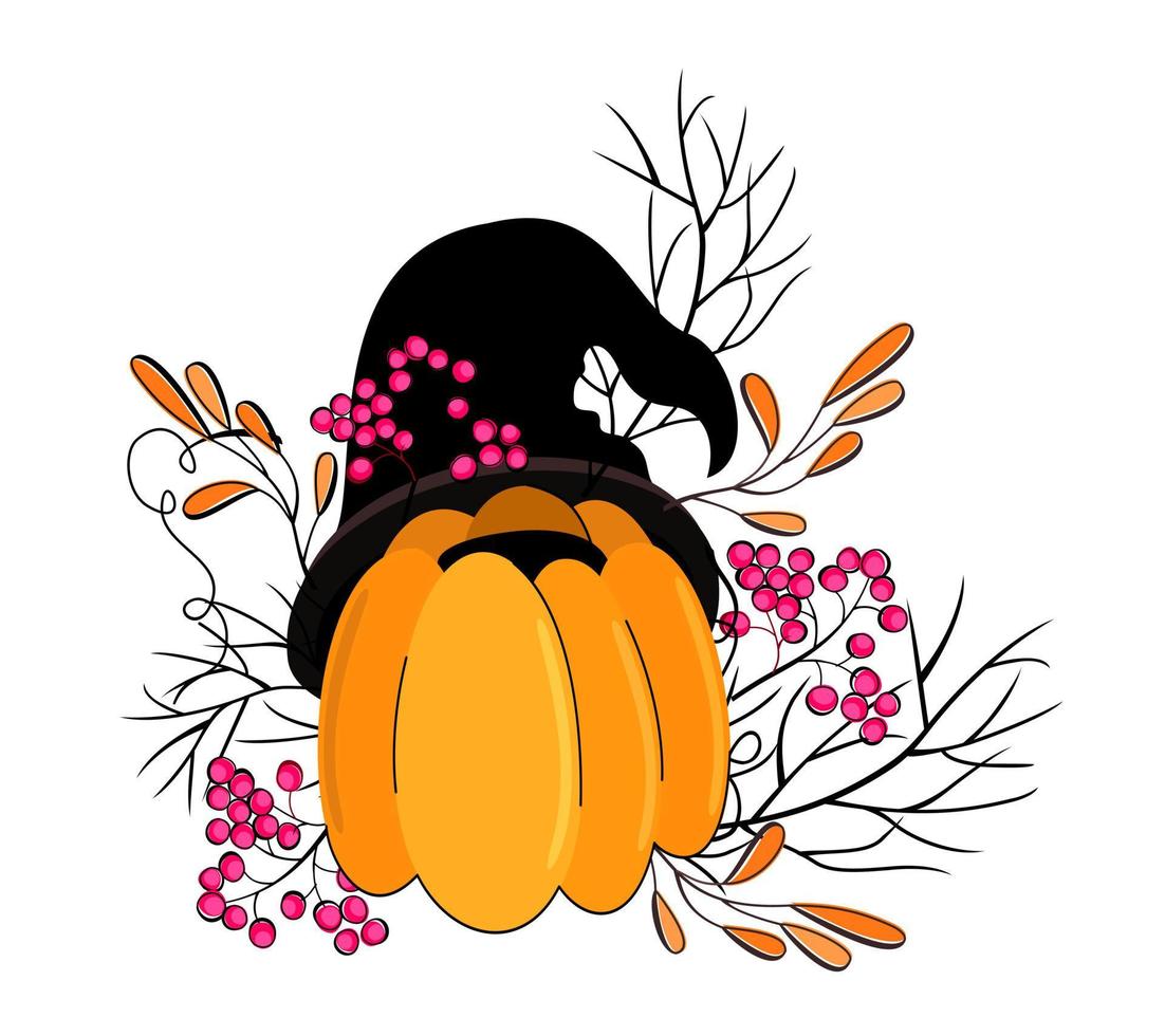 illustration vectorielle isolée de citrouille au chapeau d'halloween avec des branches sèches et des baies. vecteur