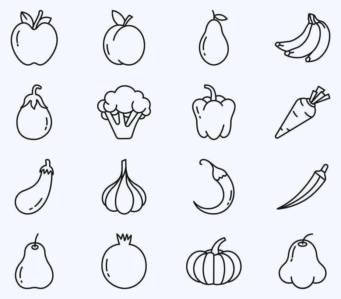 jeu d'icônes de fruits et légumes, vecteur végétalien