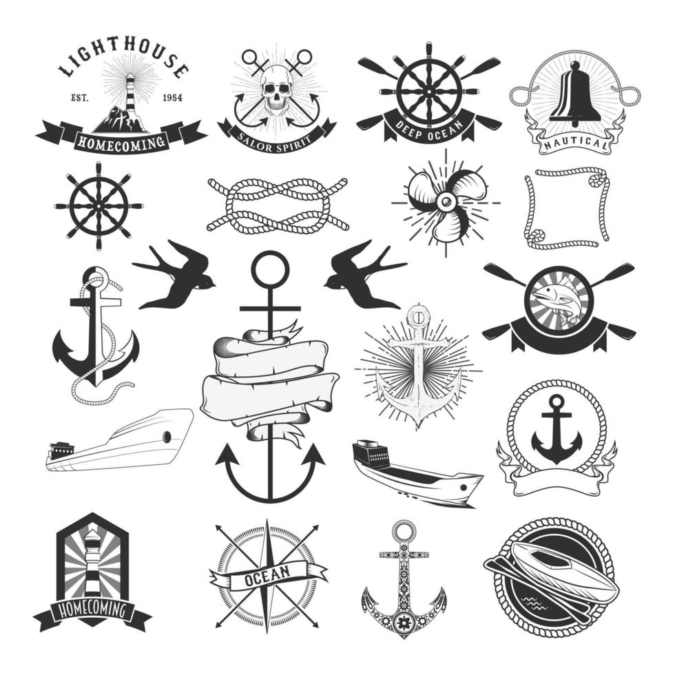 pack vectoriel d'éléments nautiques. tourbillons de corde, logos et badges