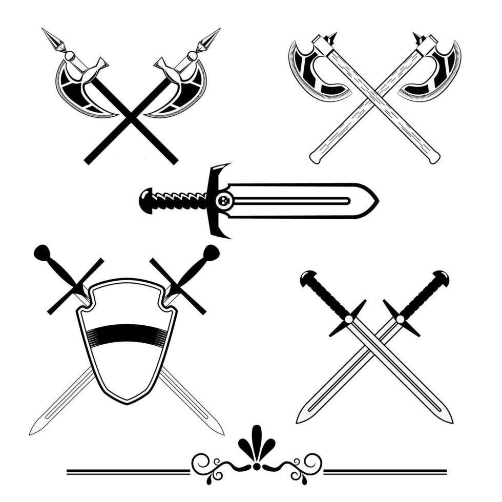 épées chevaleresques et haches de combat. ensemble d'éléments de conception pour logos, jeux de conception vecteur