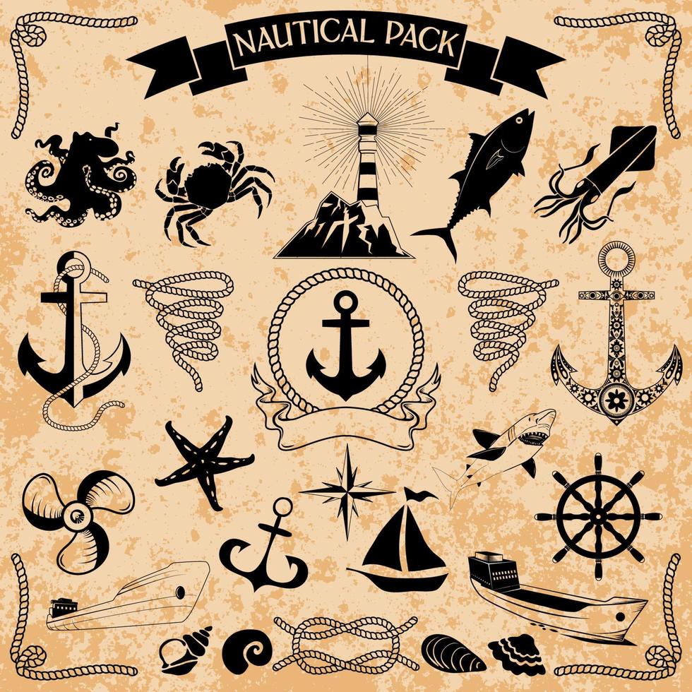 pack vectoriel d'éléments nautiques. tourbillons de corde, logos et badges
