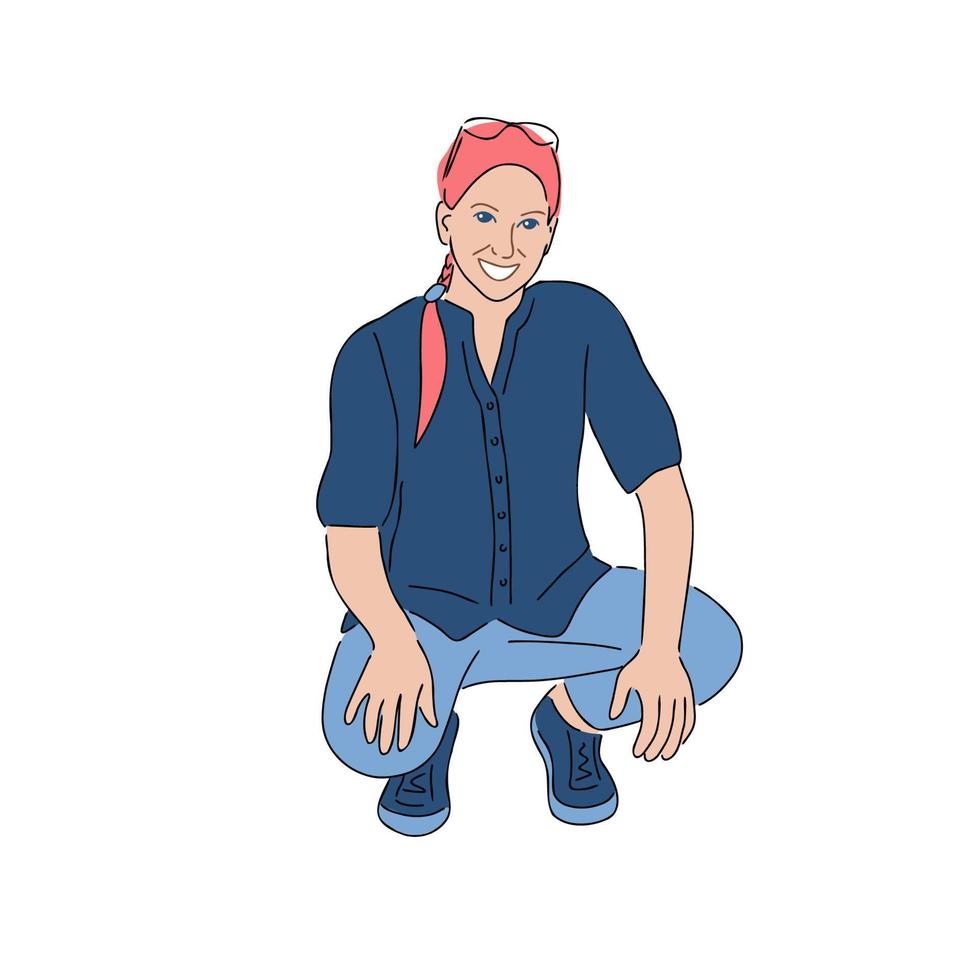 squat femme souriante caractère illustrations vectorielles de croquis dessinés à la main. vecteur