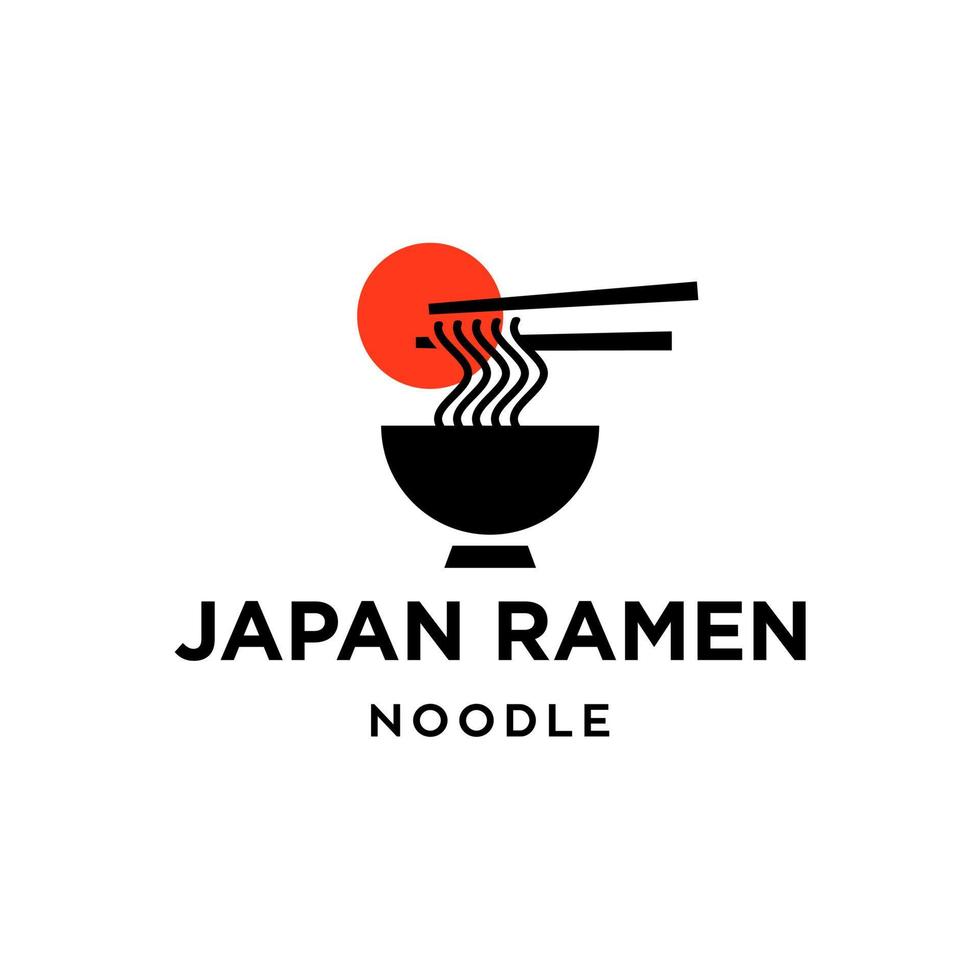 création de logo de cuisine asiatique de nouilles ramen avec baguettes et vecteur de logo de restaurant drapeau soleil rouge japon