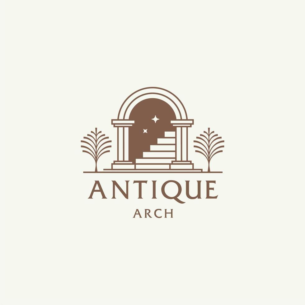 logo de porte mystique, entrée d'architecture d'arc antique et icône d'escalier, avec porte, fenêtre et palmiers dans un style bohème esthétique contemporain vecteur