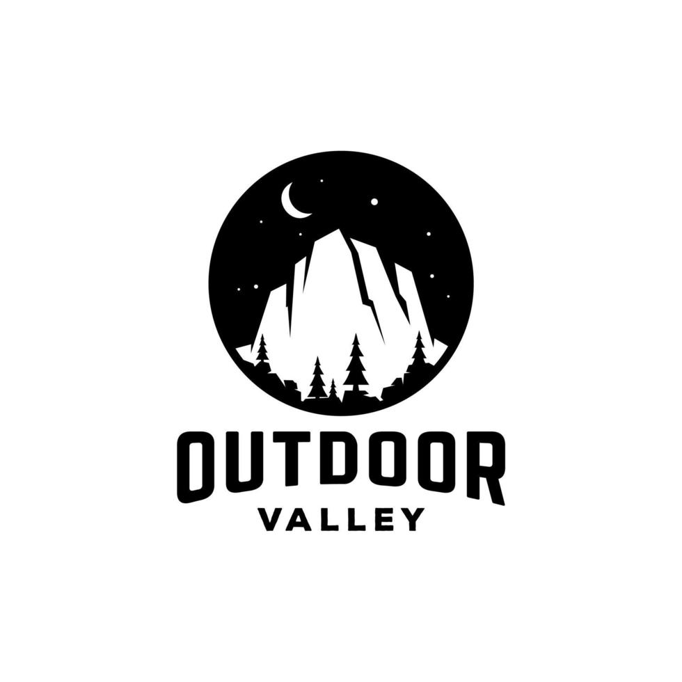 logo d'aventure en plein air de vallée ou de falaise de scène de nuit avec des étoiles et un design d'icône de croissant de lune dans un style d'insigne de cercle vintage moderne hipster vecteur