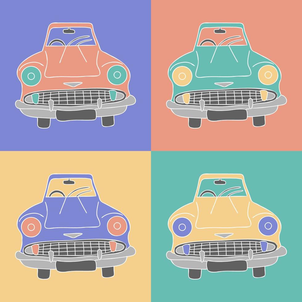 rétro auto vieille vue de face voiture drôle vecteur pop art ensemble style illustration vectorielle