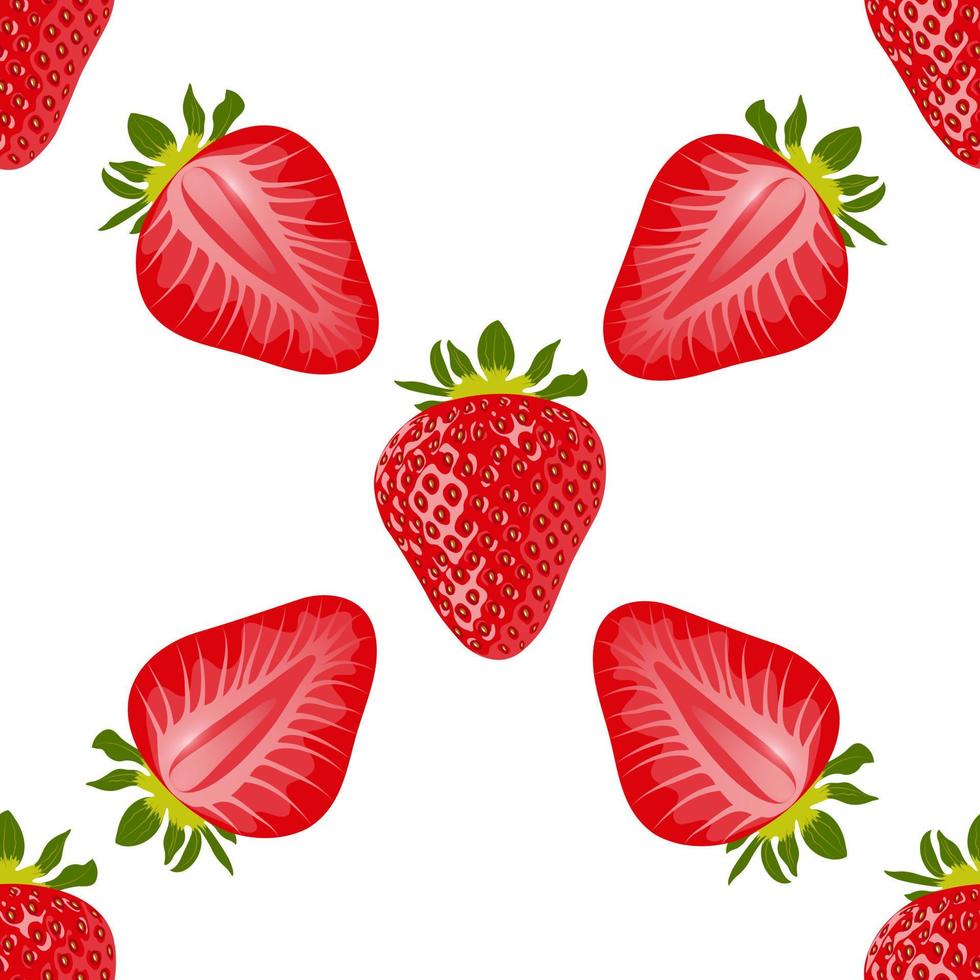 baies et tranches de modèle sans couture de fraises mûres sucrées. délicieuses fraises rouges sur fond blanc. arrière-plan transparent de vecteur. vecteur