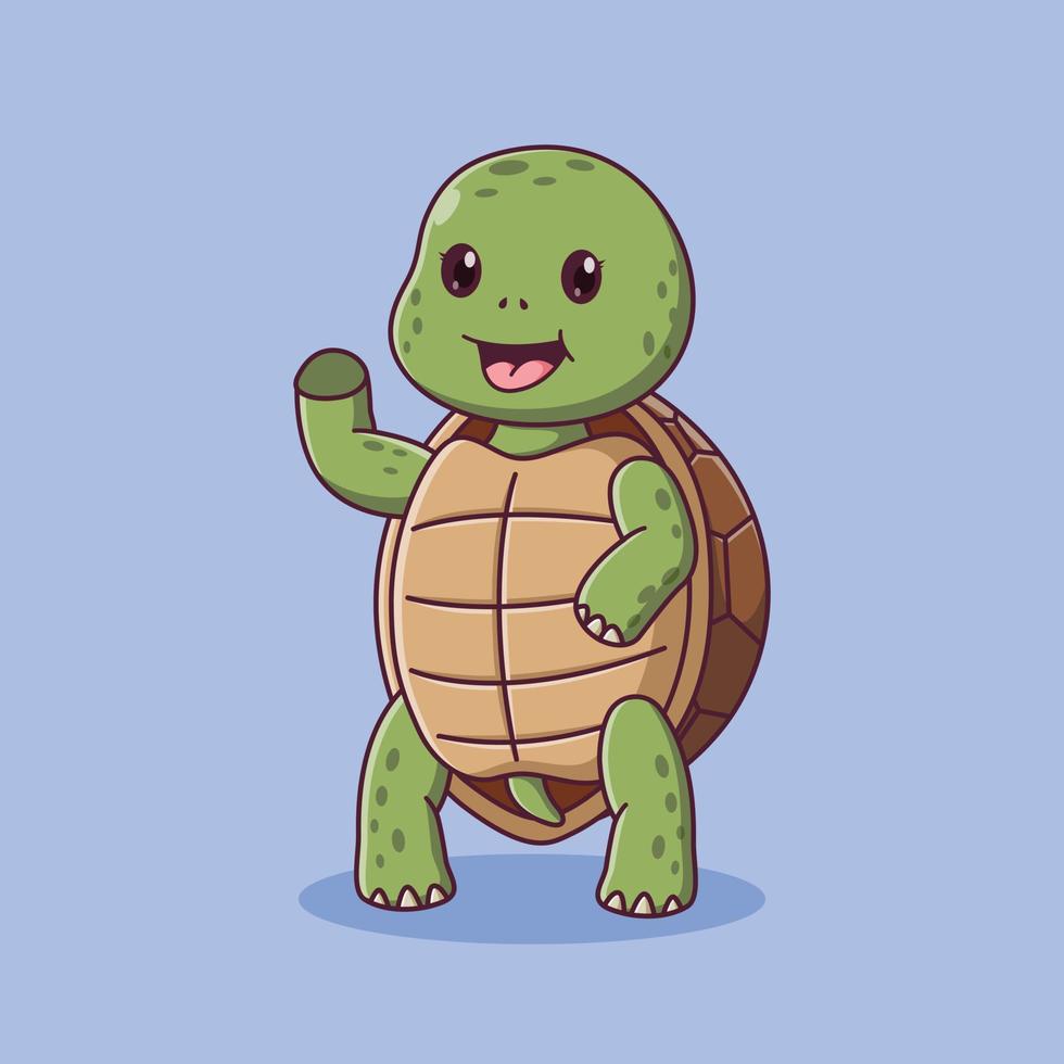 mignon dessin animé de tortue debout agitant la main. concept d'icône de tortue. style de dessin animé plat. adapté à la page de destination Web, à la bannière, au dépliant, à l'autocollant, à la carte vecteur