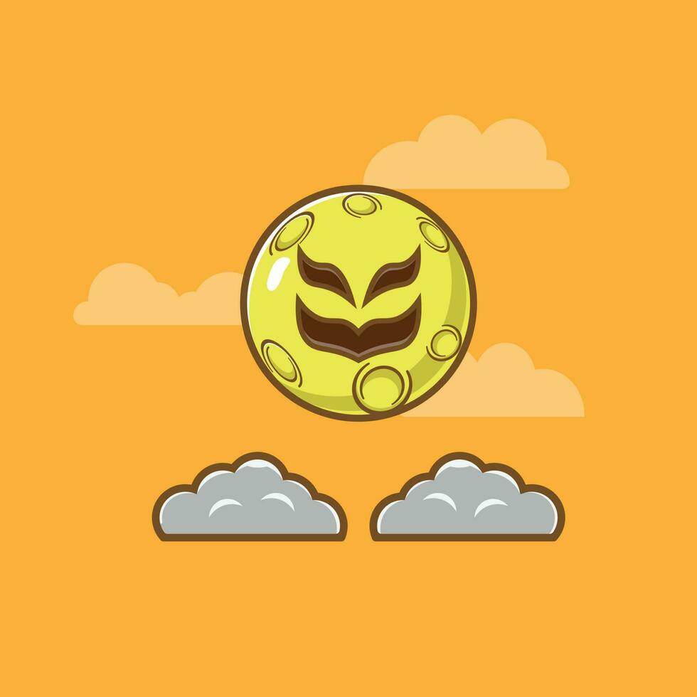 illustration d'icône de dessin animé de lune de visage effrayant avec des nuages. notion d'Halloween. design haut de gamme simple vecteur