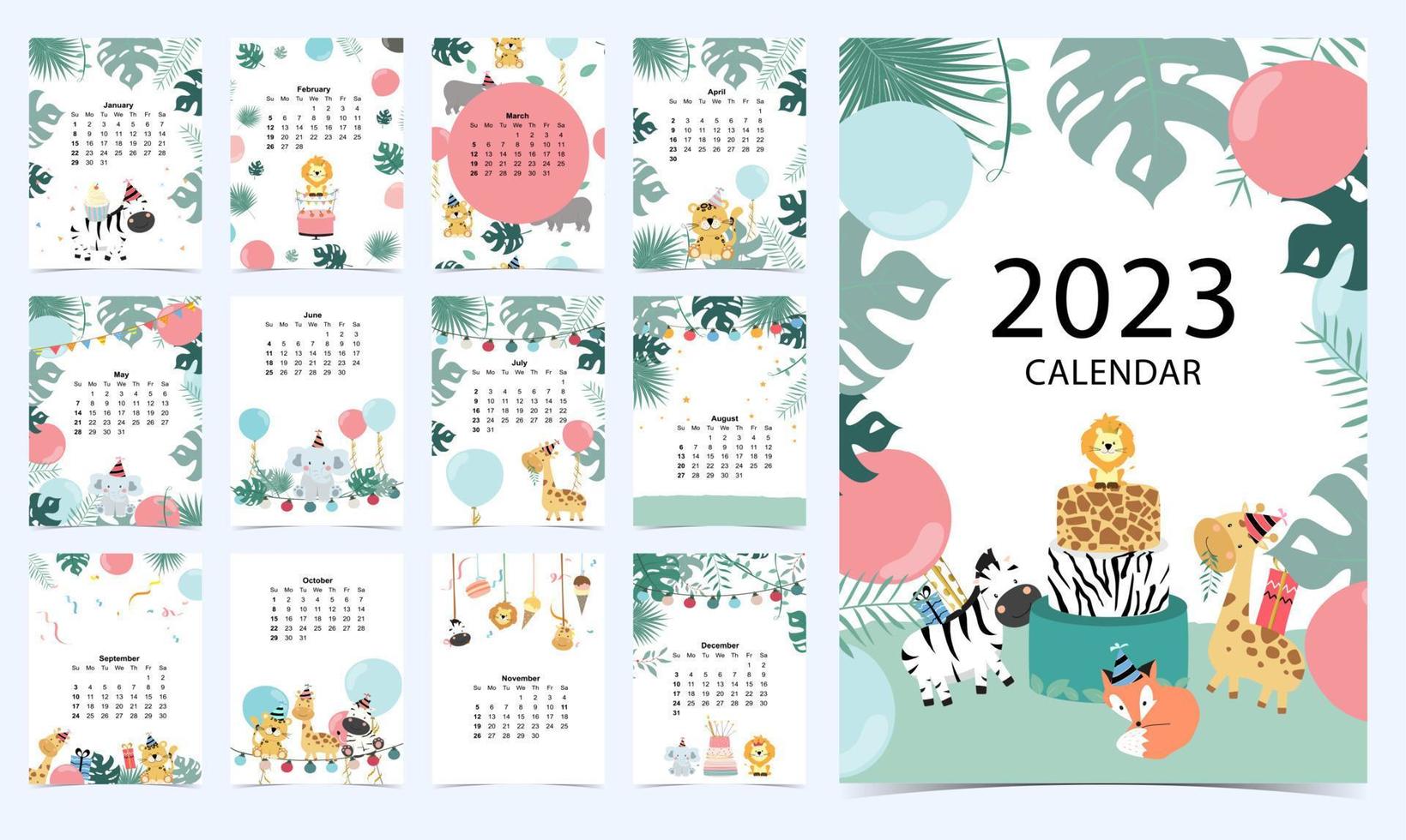 joli calendrier 2023 avec safari pour enfants. peut être utilisé pour un graphique imprimable vecteur