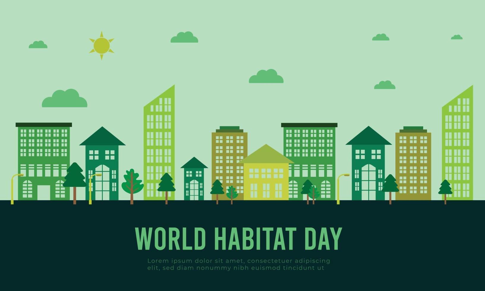 fond de conception plate de la journée mondiale de l'habitat avec la ville propre, arbre naturel vecteur