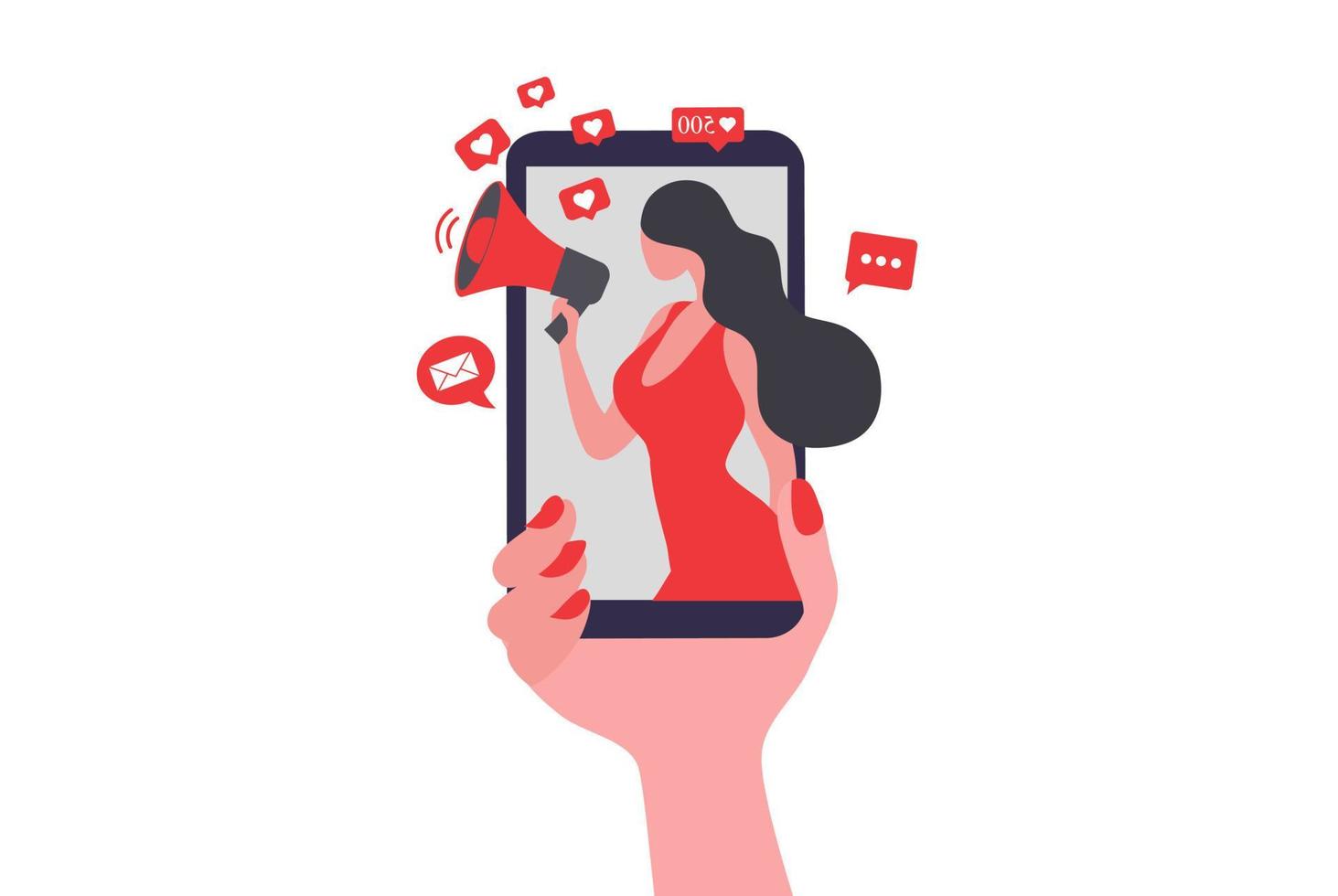 belle femme criant dans le haut-parleur avec des icônes de médias sociaux. influenceur marketing des médias sociaux, blogueur, vlogging, influenceur social et influenceur marketing concept illustration vectorielle vecteur