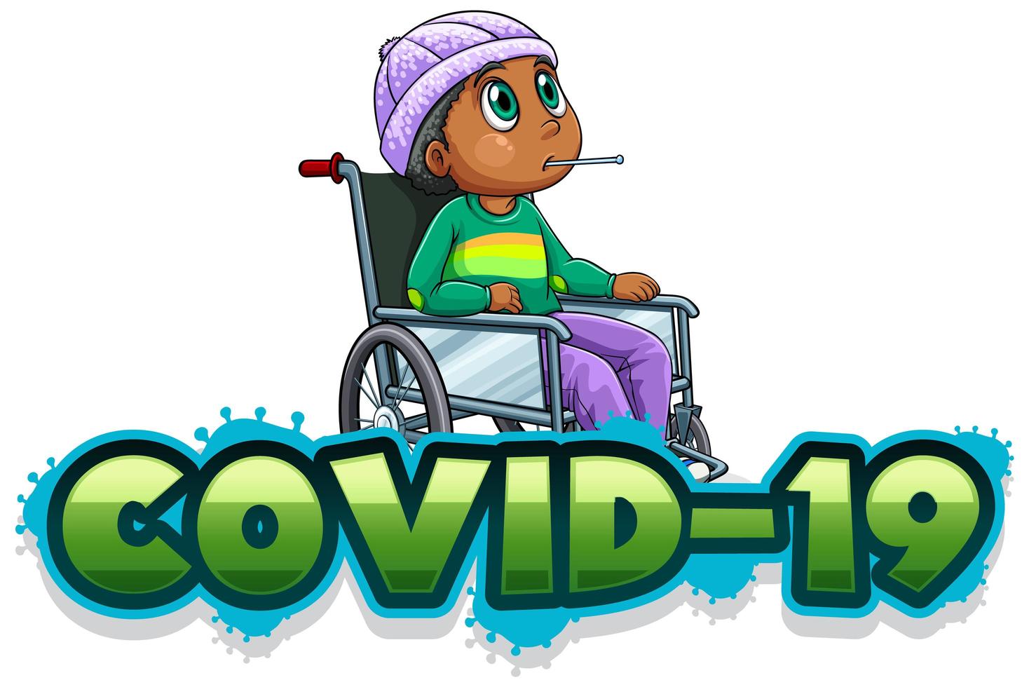 Covid-19 signe avec un garçon malade en fauteuil roulant vecteur