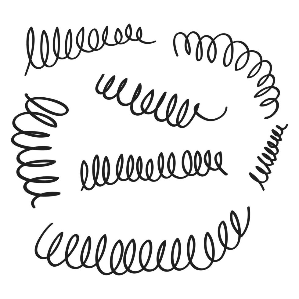 ressort en spirale dessiné à la main. bobines flexibles, ressorts métalliques et spirales de bobines métalliques de style doodle vecteur