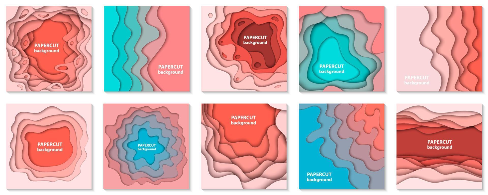 collection vectorielle de 10 arrière-plans avec des formes découpées en papier pastel coloré. Style d'art papier abstrait 3d, mise en page de conception pour les présentations d'affaires, dépliants, affiches, impressions, décoration, cartes, brochure vecteur