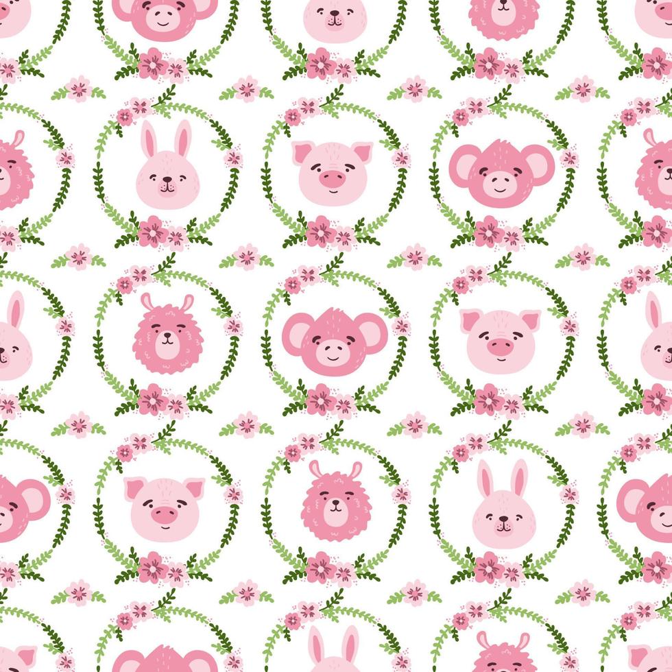 joli cochon rose kawaii, singe, lièvre, tête de visage de lama et motif vectoriel sans couture de couronne de fleurs. texture de dessin animé plat animal de ferme pour pépinière, carte, affiche, tissu, textile.