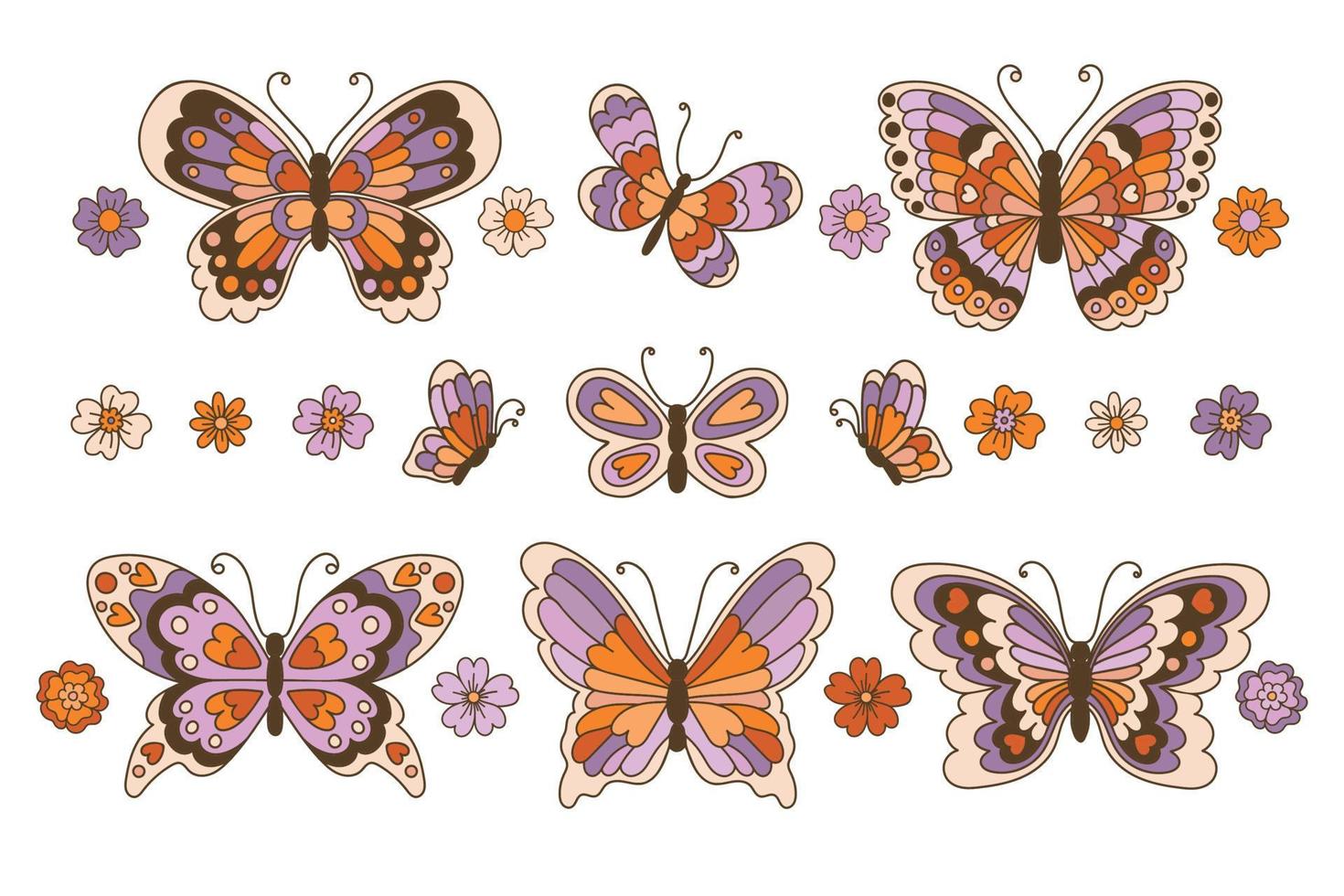 ensemble de papillons rétro dans le style des années 60 70 isolé sur illustration vectorielle fond blanc. vecteur