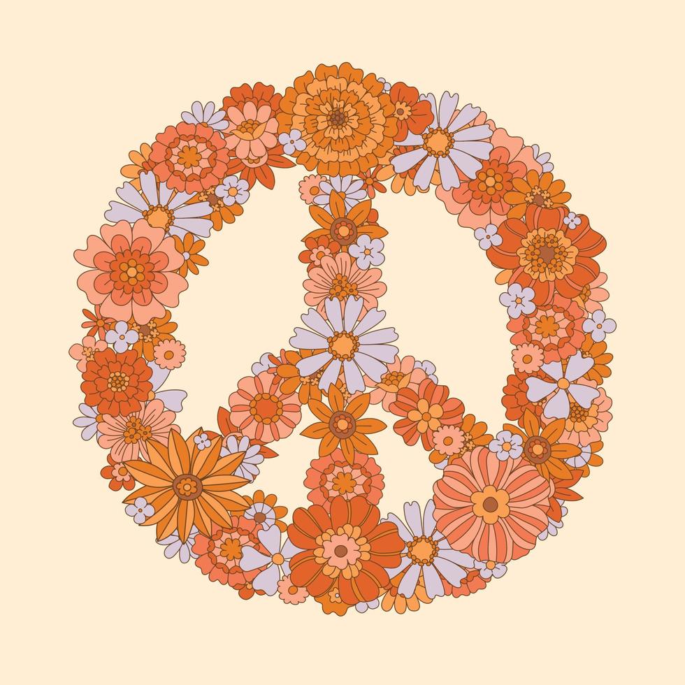 Années 60, 70, pacifisme, symbole de paix du hippie dans le style des années 70, marguerites groovy. affiche de motivation, flower power, fleurs enfants. vecteur