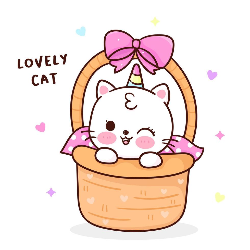 chaton chat licorne mignon dans panier kawaii animal bébé dessin animé vecteur