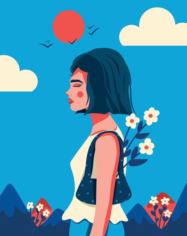 le personnage d'une jeune femme se promène dans le parc sur fond de ciel bleu et de montagne. vie humaine, activité estivale. palette de couleurs rose et bleu de vecteur plat de dessin animé
