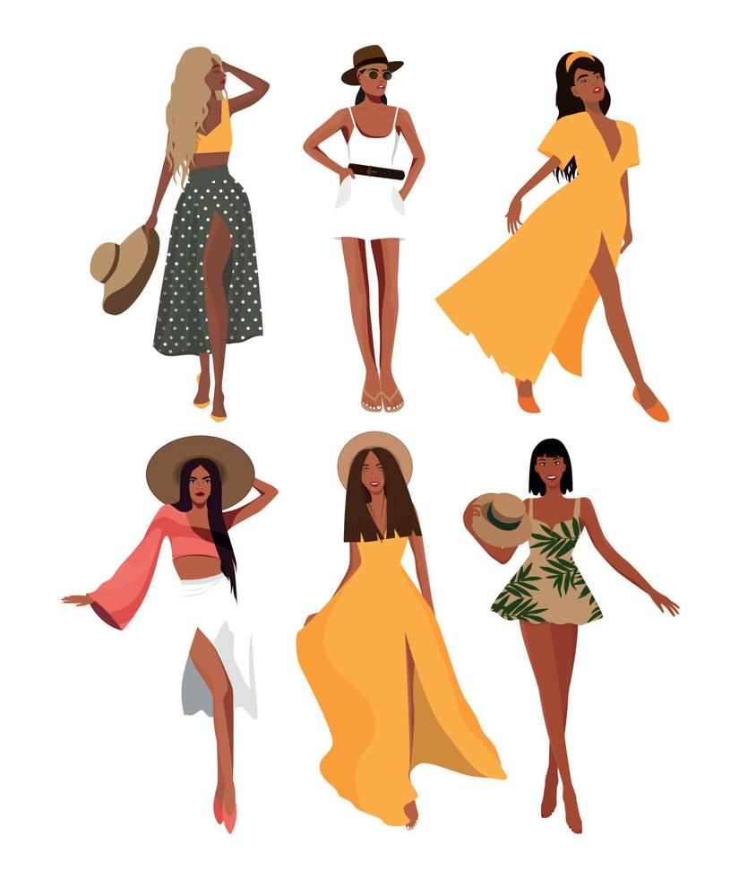 ensemble d'illustrations numériques d'une fille en été en robes et costumes lumineux vecteur