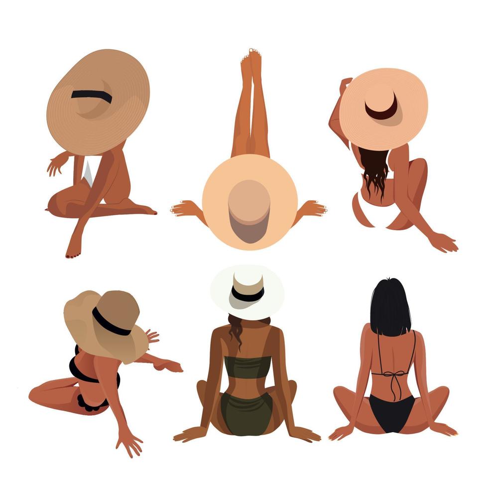 ensemble d'illustrations numériques d'une fille en chapeaux en bikini dans différentes poses assis sur la plage vecteur