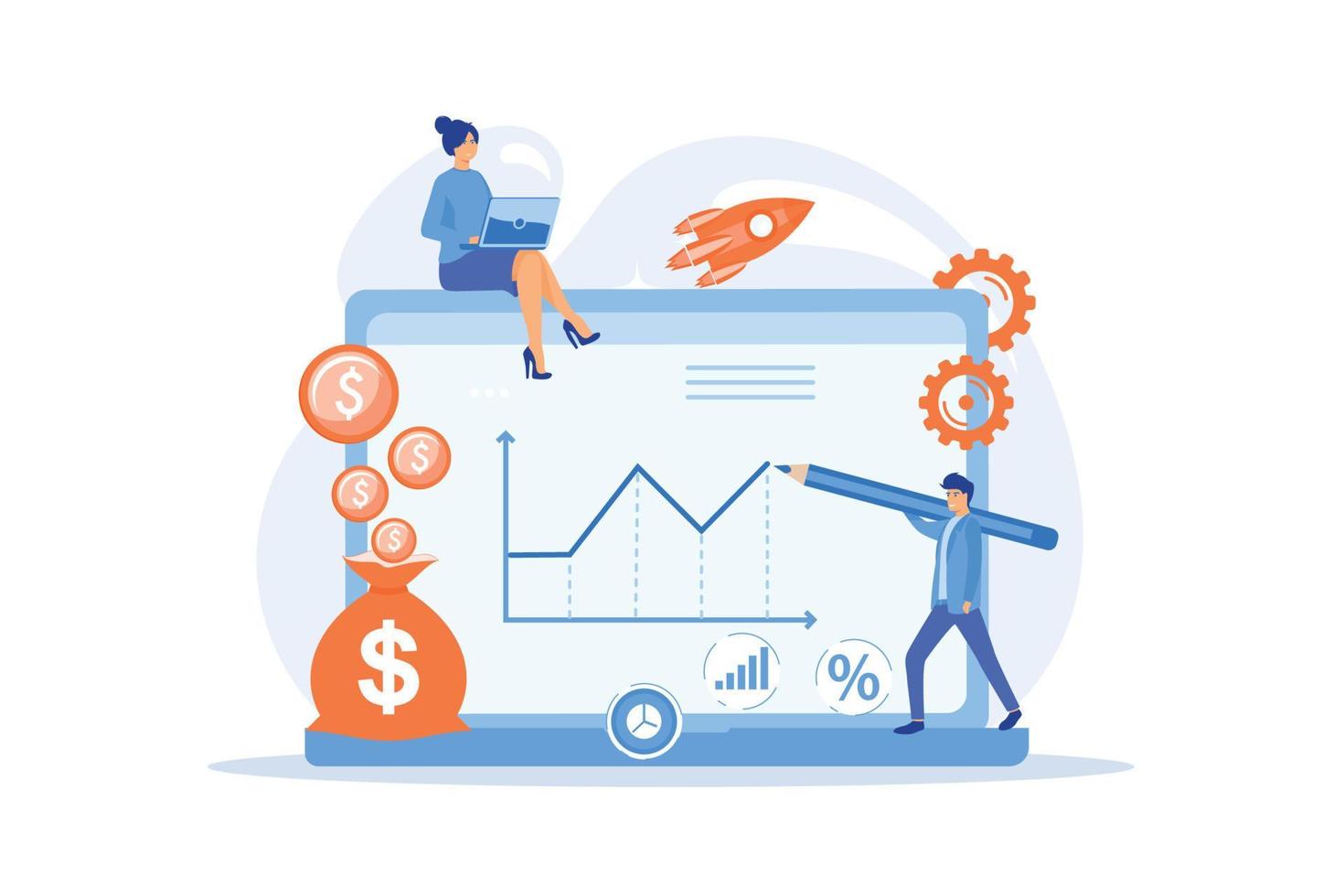 les gestionnaires de placements équipés d'ordinateurs portables offrent de meilleurs rendements et une meilleure gestion des risques. fonds d'investissement, opportunités d'investissement, concept de levier de fonds spéculatifs. illustration moderne de vecteur plat