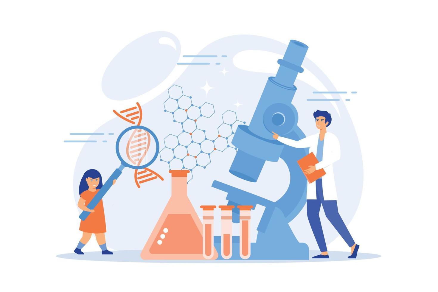 une fille avec une loupe et un scientifique réalisent une expérience, des personnes minuscules. camp scientifique pour enfants, cours pour jeunes scientifiques, concept de tests de laboratoire pour enfants. illustration moderne de vecteur plat