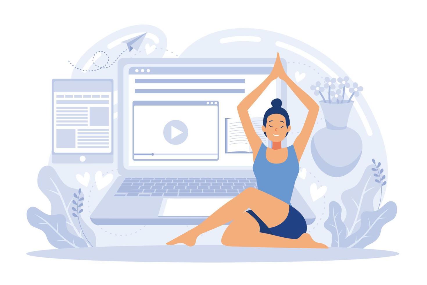 méditation en ligne. autogestion, apprentissage de l'autorégulation, cours d'auto-organisation, contrôle des émotions yoga en ligne à la maison méditation traite de la gestion du stress, illustration zen et harmonie vecteur