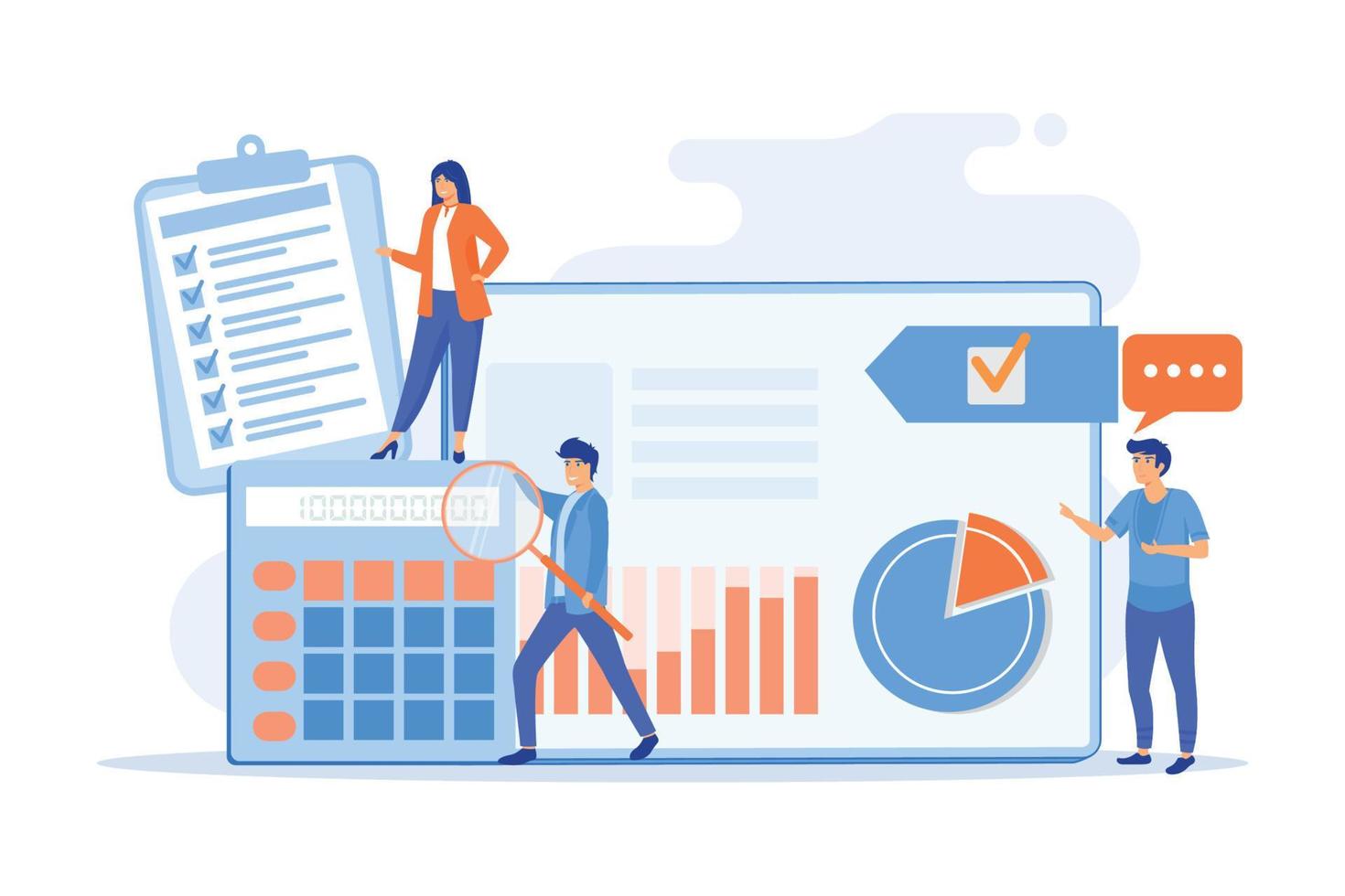 auditeurs minuscules, comptable avec loupe lors de l'examen du rapport financier. service d'audit, audit financier, concept de service de conseil. illustration moderne de vecteur plat