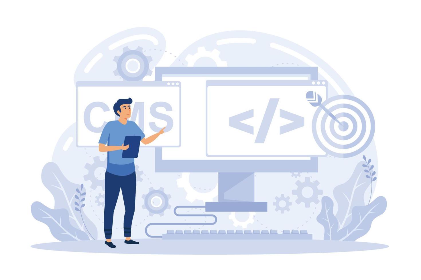 développement de sites Web, conception de sites Web. programmation et codage, développement php et mysql, illustration vectorielle plate de développement cms vecteur