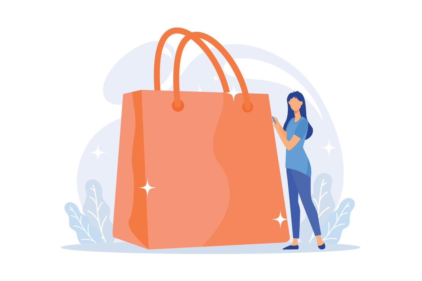 dépendance au shopping mobile. grande vente, vente en gros en ligne, élément de conception d'idée de vente à bas prix. client de magasin numérique, accro du shopping tenant un smartphone. vecteur