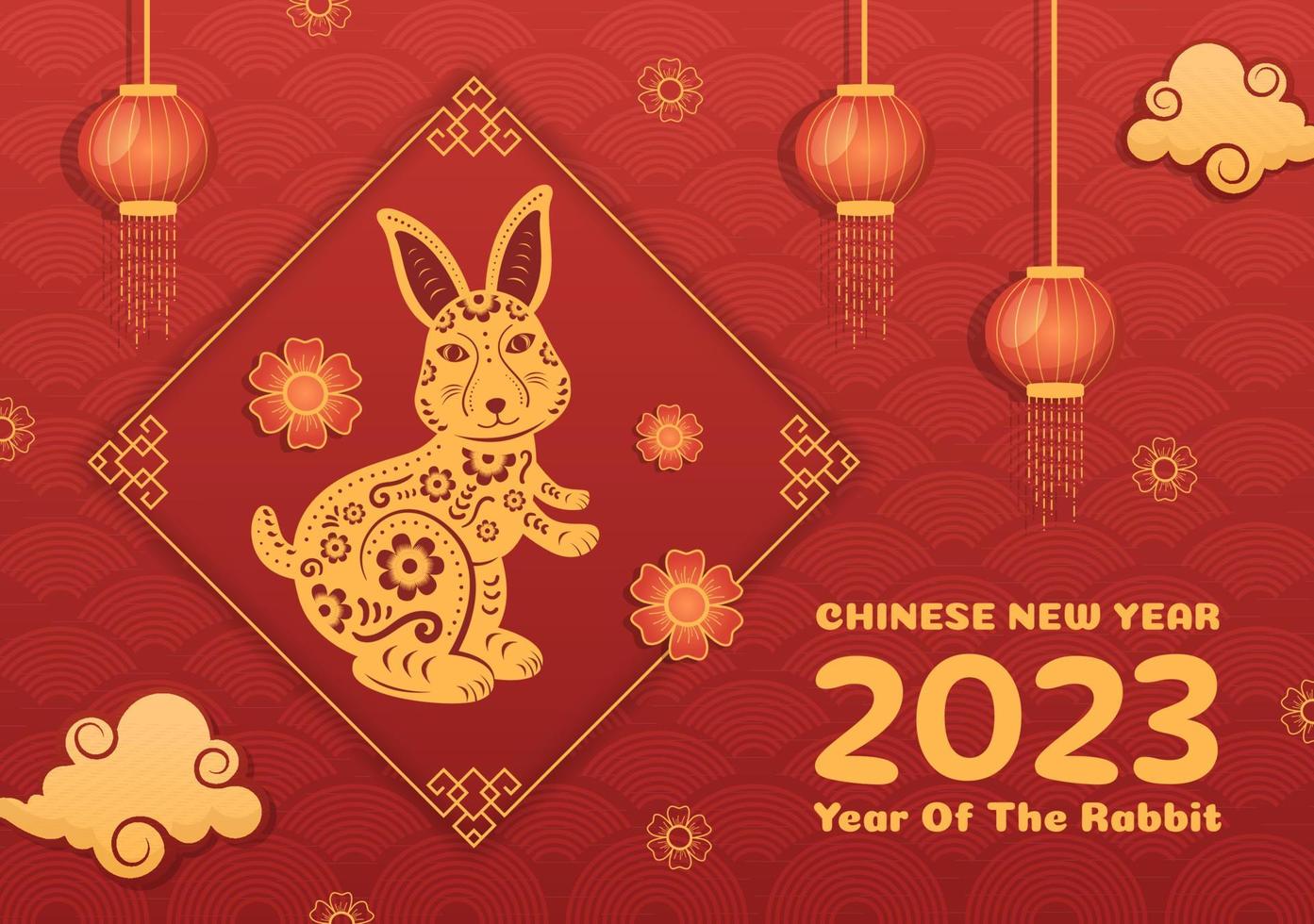 nouvel an lunaire chinois 2023 jour du lapin modèle de signe du zodiaque illustration plate de dessin animé dessiné à la main avec fleur, lanterne et fond de couleur rouge vecteur