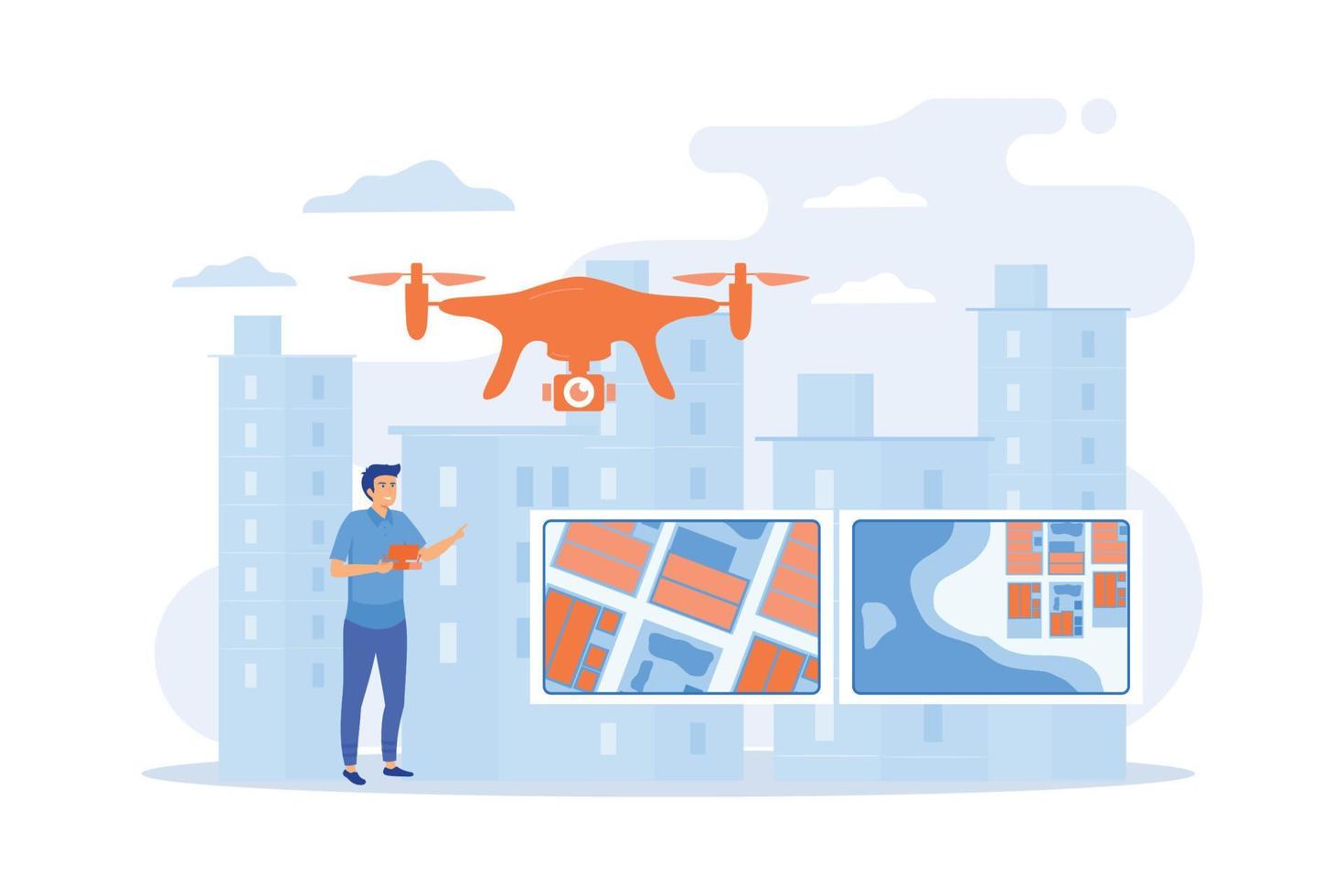 drone, opérateur quadcopter, pilote faisant des photos. drone avec caméra. photographie aérienne, services de relevés aériens, photo drone de votre concept d'événement. illustration moderne de vecteur plat