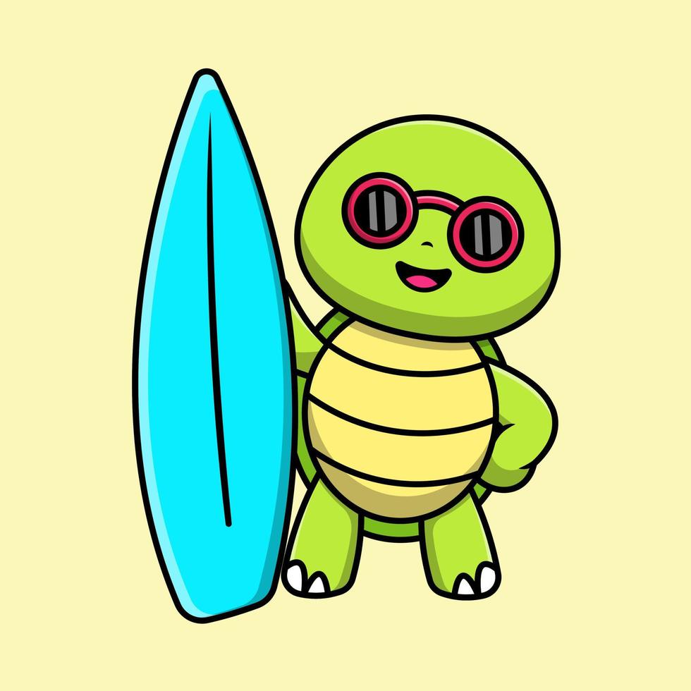 tortue mignonne avec illustration d'icône de vecteur de dessin animé de planche de surf. concept de dessin animé plat