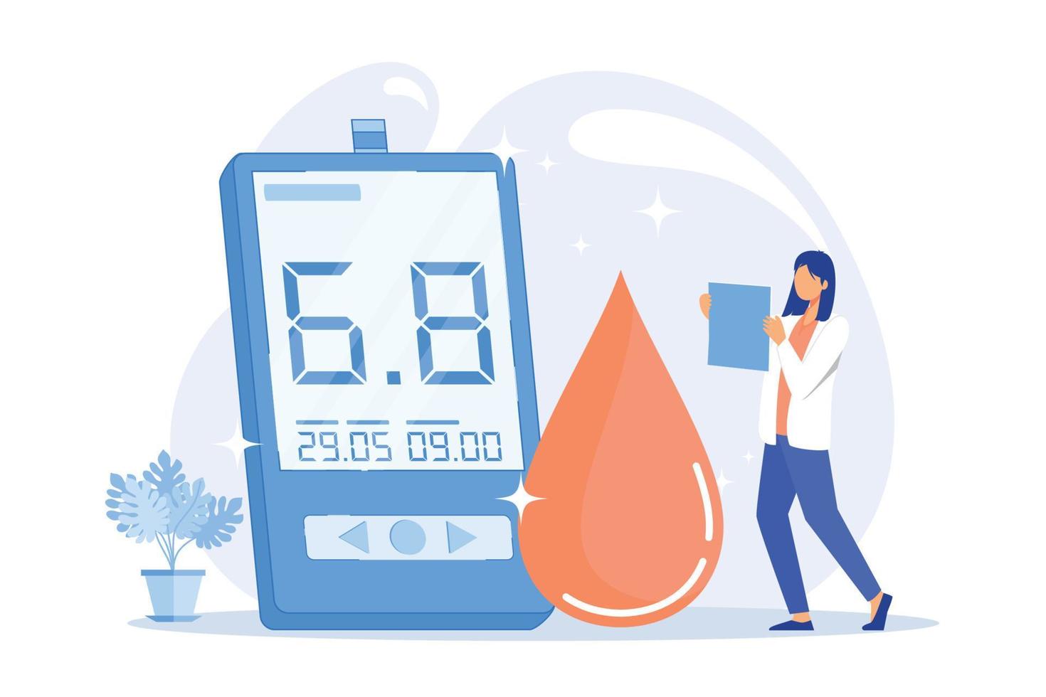 diabète sucré. outil de mesure du taux de sucre dans le sang, équipement médical, élément de conception d'idée de diabétologie. maladie de l'hypoglycémie, diagnostic de la glycémie. illustration moderne de vecteur plat