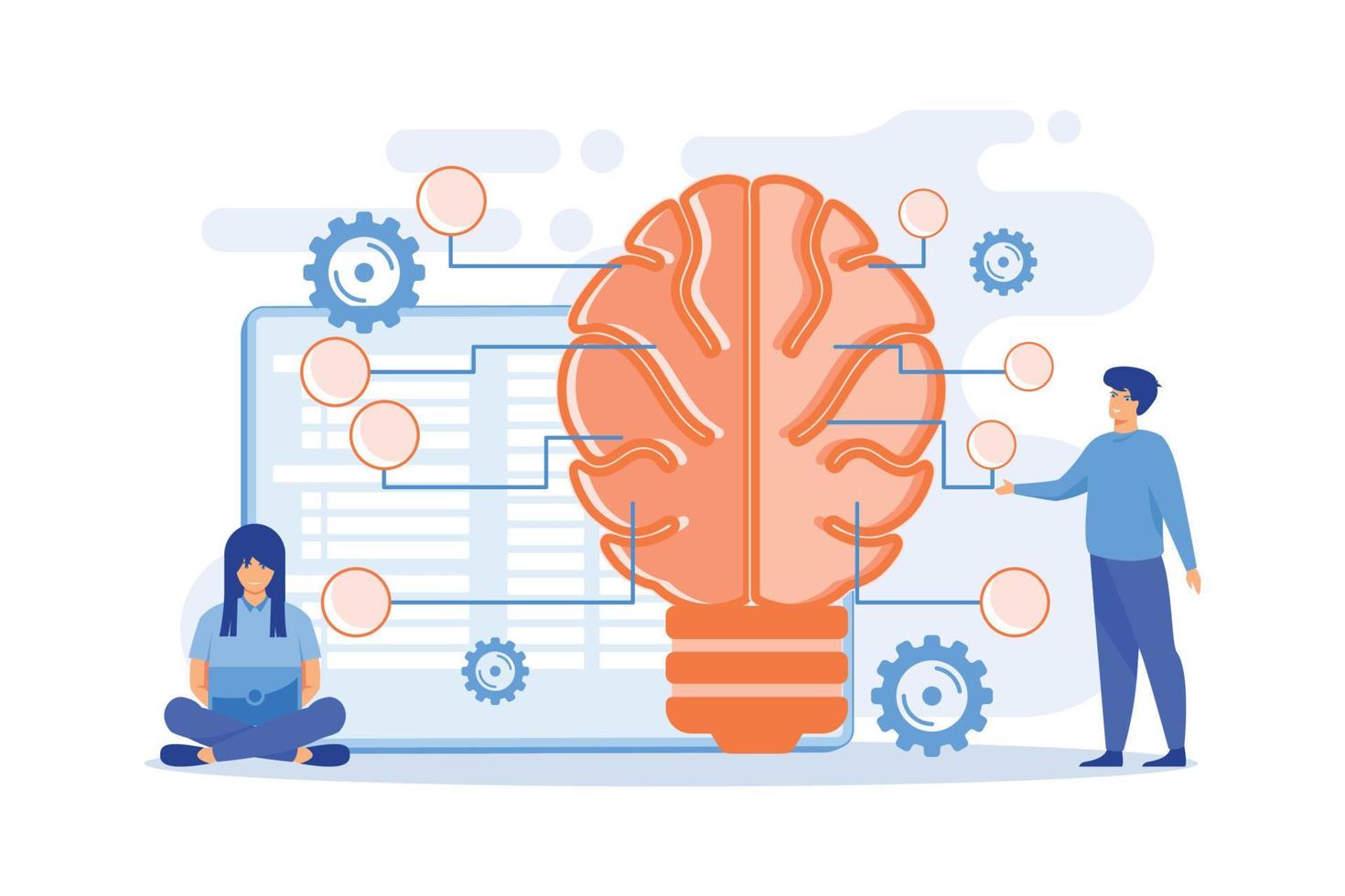 gros cerveau avec circuit et programmeurs. intelligence artificielle, apprentissage automatique et science des données, concept d'informatique cognitive sur fond blanc. illustration moderne de vecteur plat