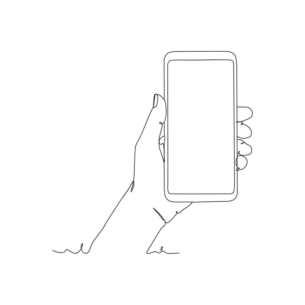 dessin en ligne continu d'une personne tenant un smartphone vecteur