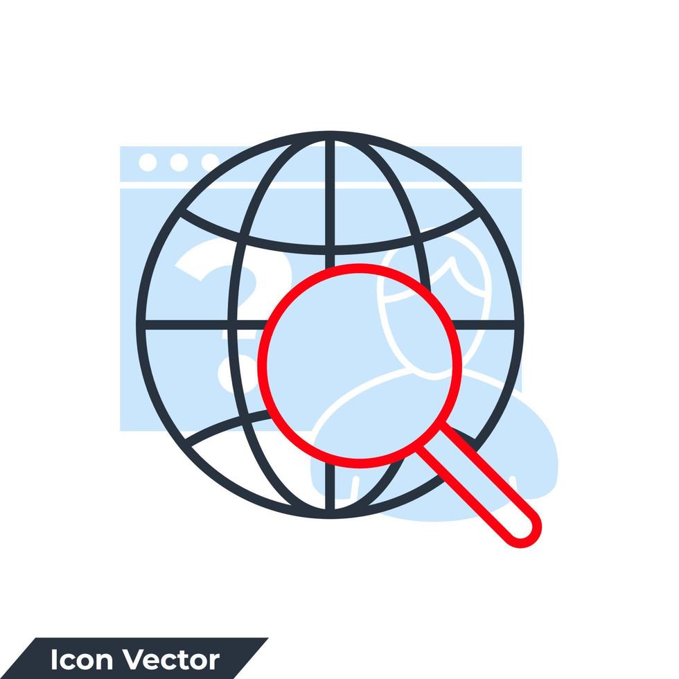 magnifier l'illustration vectorielle du logo de l'icône du globe. modèle de symbole de globe de recherche pour la collection de conception graphique et web vecteur