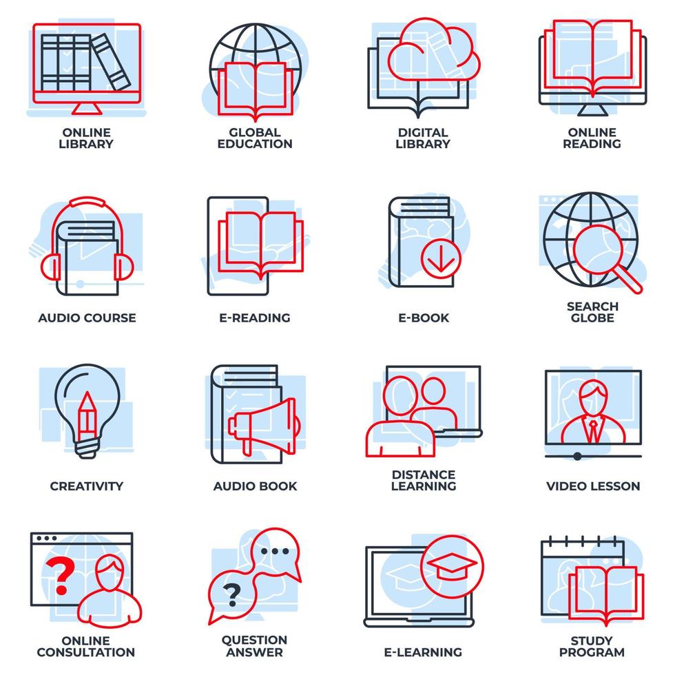 ensemble d'apprentissage en ligne, illustration vectorielle de l'icône de l'éducation en ligne. éducation mondiale, programme d'études, globe de recherche, apprentissage à distance et plus modèle de symbole de pack pour la collection de conception graphique et web vecteur