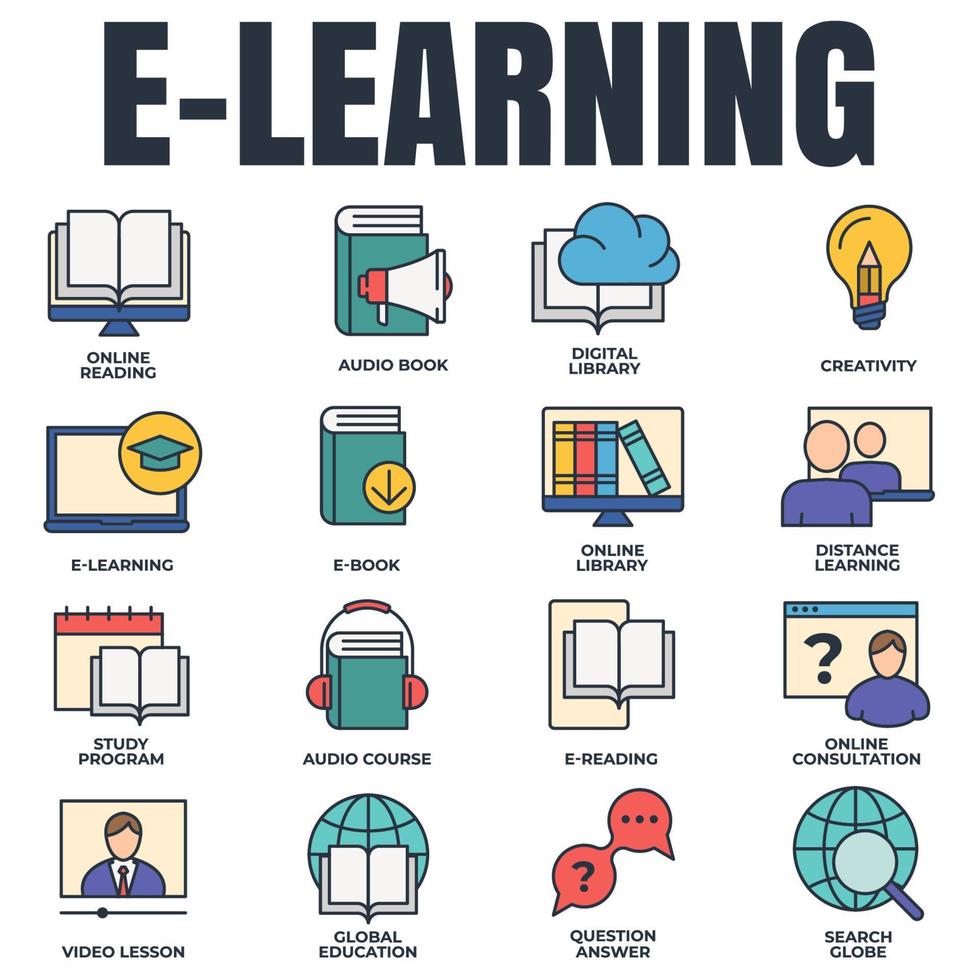 ensemble d'apprentissage en ligne, illustration vectorielle de l'icône de l'éducation en ligne. éducation mondiale, programme d'études, globe de recherche, apprentissage à distance et plus modèle de symbole de pack pour la collection de conception graphique et web vecteur