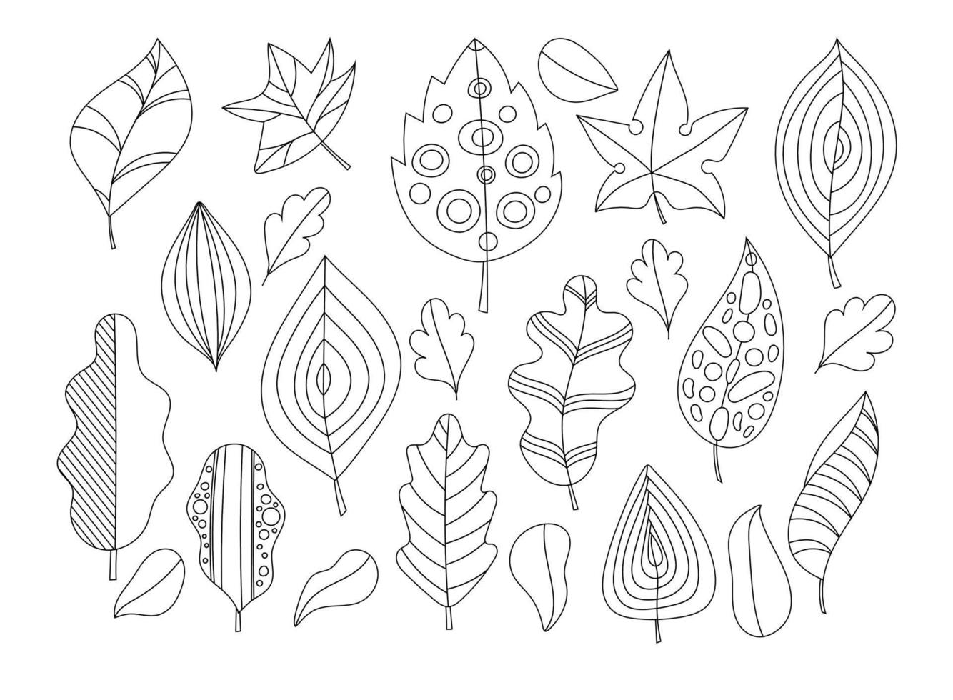 jeu de feuilles de doodle de vecteur. ensemble de feuilles d'automne noir et blanc dessinées à la main. coloriage pour enfants et adultes vecteur