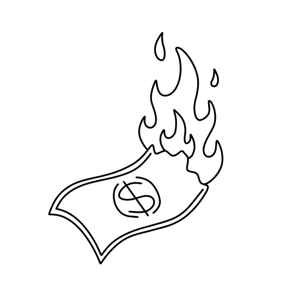 dollar brûlant. croquis de l'argent en feu. entreprise ratée et crise économique. perte et inflation. illustration de dessin animé de griffonnage vecteur