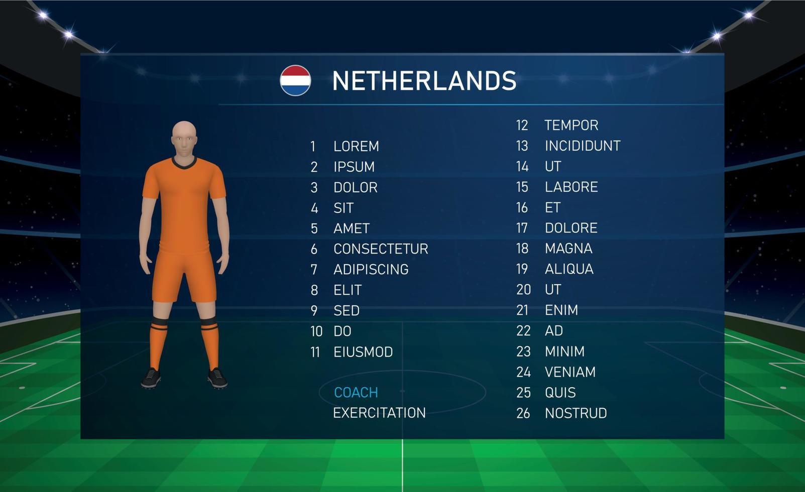 graphique de diffusion du tableau de bord de football avec l'équipe de football de l'équipe des pays-bas vecteur