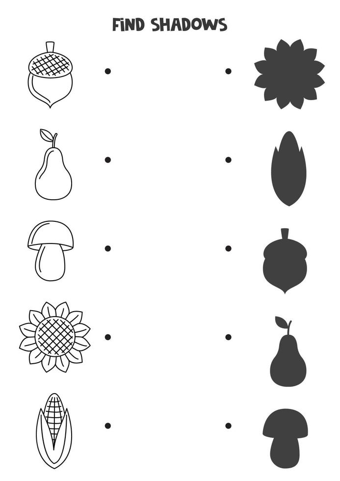 trouver les ombres correctes des éléments d'automne en noir et blanc. puzzle logique pour les enfants. vecteur