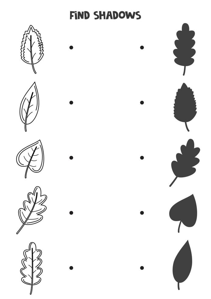 trouver les ombres correctes des feuilles d'automne en noir et blanc. puzzle logique pour les enfants. vecteur