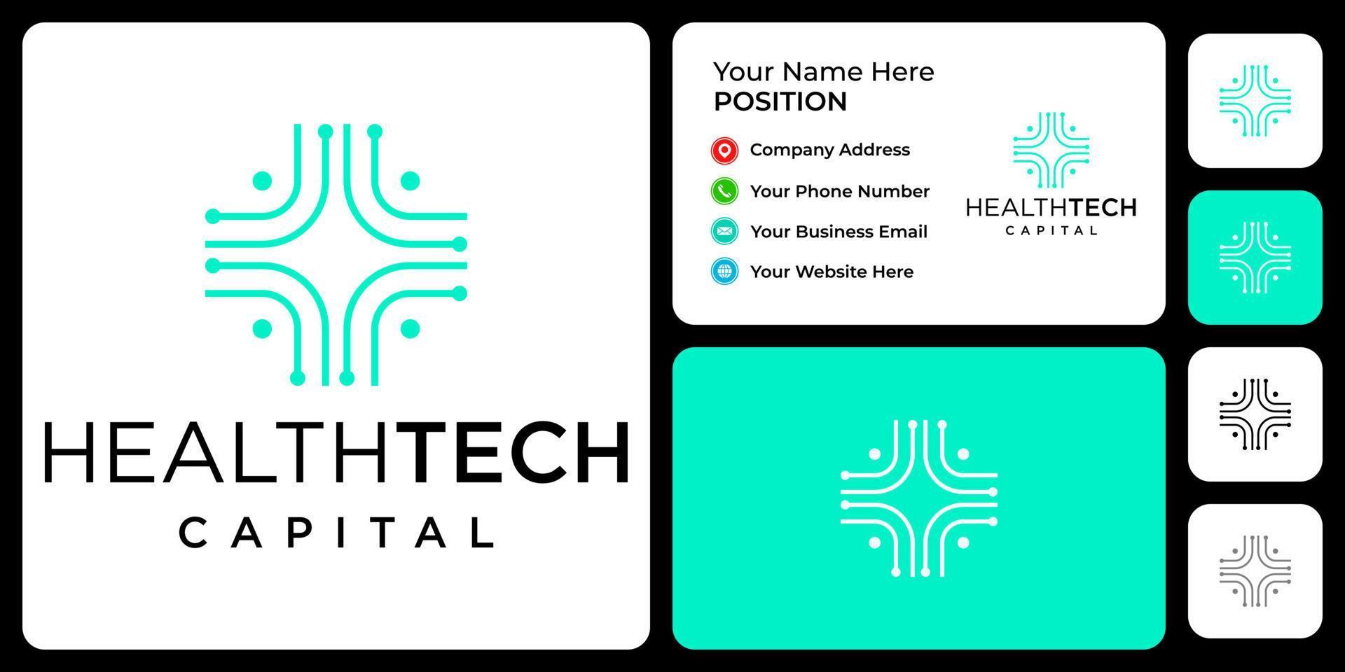 création de logo de technologie croisée médicale avec modèle de carte de visite. vecteur