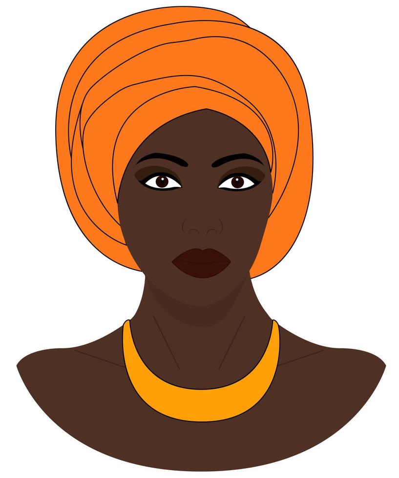 portrait de la belle femme noire dans un turban lumineux. dessin en couleur. illustration vectorielle isolée sur fond blanc. modèle à utiliser. vecteur