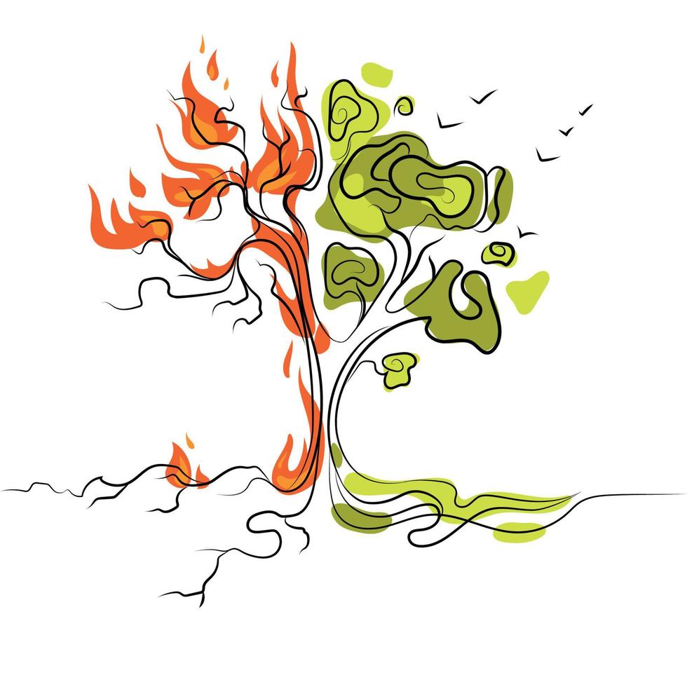 arbre en feu et arbre vert vivant, réchauffement climatique et sécheresse, feux de forêt.vecteur.concept de plante à moitié vivante et à moitié morte. doubleté d'arbre mort en feu et d'arbre vivant.sauvons l'environnement vecteur